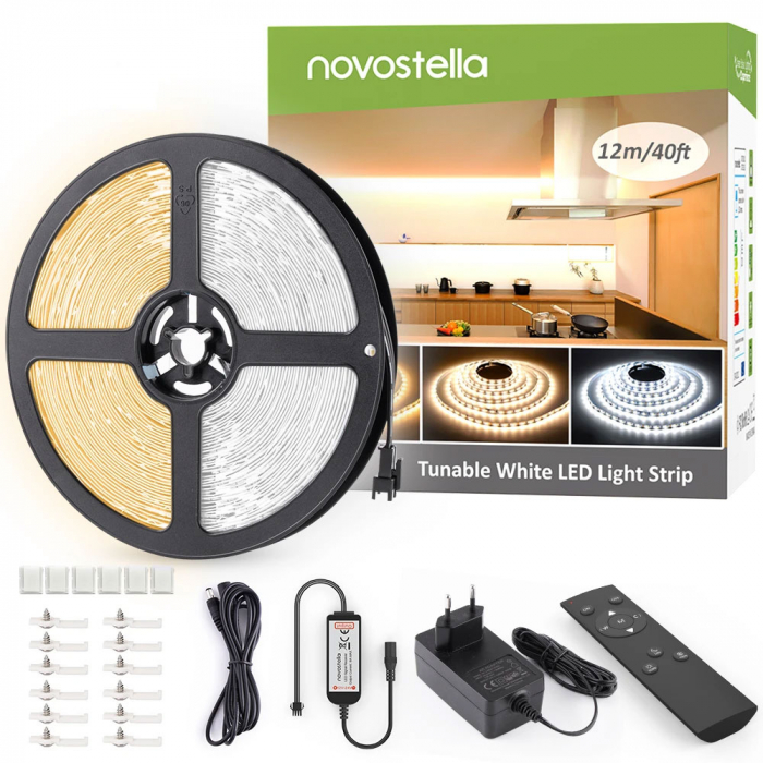 Banda LED Novostella 12m, 120 leduri m, Dimmer, Culoare Alba lumina reglabila 3000k - 6000K, Telecomanda [1]
