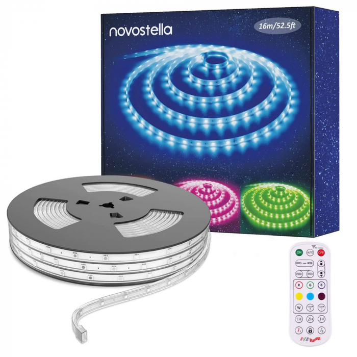 Banda LED RGB Novostela 16m,  Exterior, IP65, 30 leduri m, Telecomanda, Bluetooth, Control Aplicatie [1]