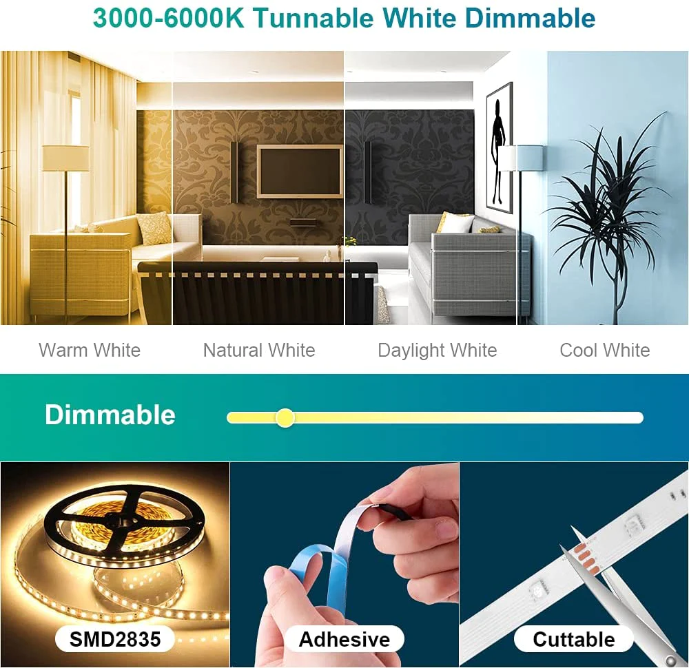 Banda LED Smart Ustellar 6m, 112 leds M, Wi-Fi, Lumina Alba calda, Dimmer, Cuoare lumina 3000K-6000K, Tuya [5]