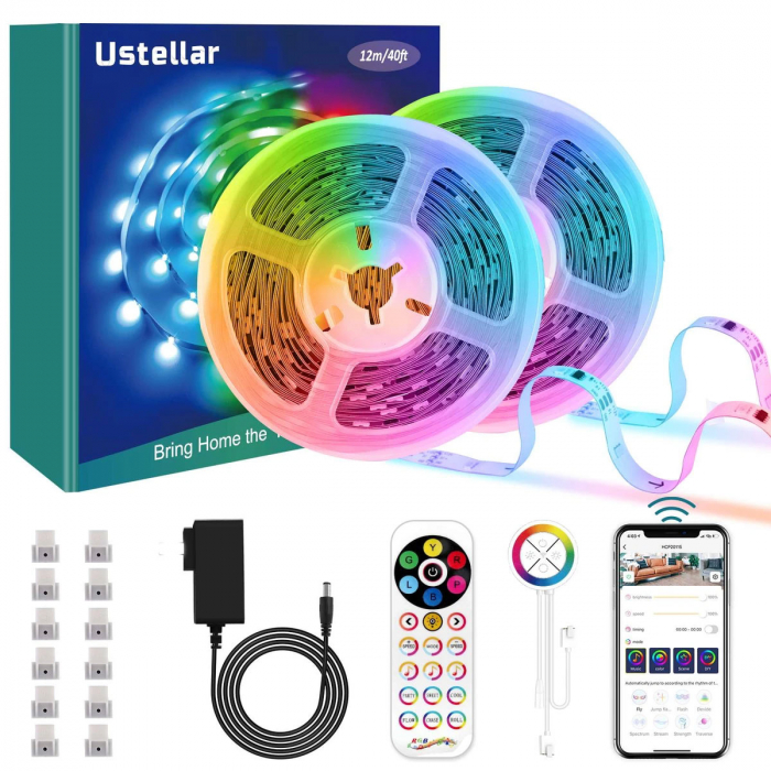 Banda LED Ustellar 12M RGBIC, Sincronizare Muzica, Smart, Wifi, Telecomanda, Alexa, Google Assistant [1]