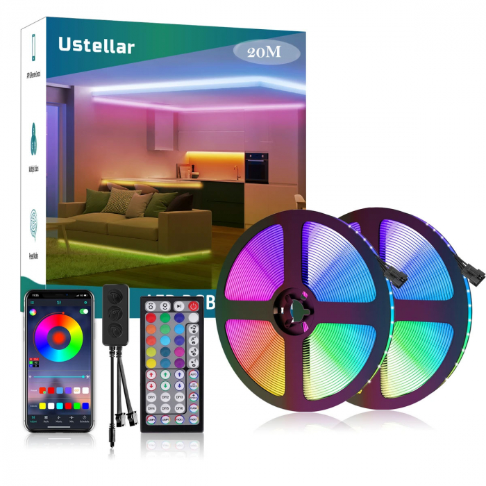 Banda LED Ustellar 20M RGB, Sincronizare Muzica, Bluetooth, Telecomanda [1]