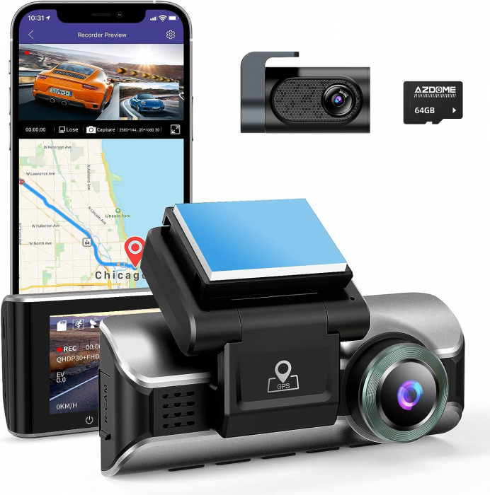 Camera auto DVR AZDOME M550Pro, Dubla, 4K, WiFi, GPS ,5GHz, WDR, G-Sensor, Mod parcare, Card 64Gb inclus [1]