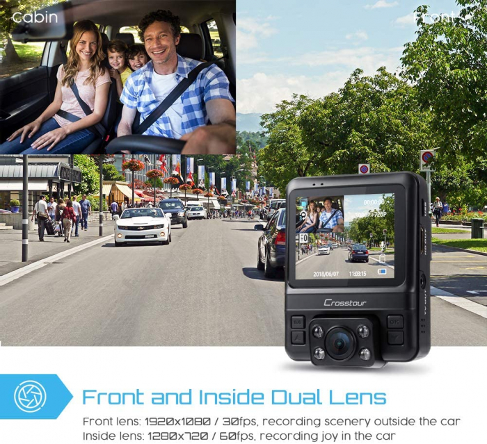 Camera auto DVR Dubla Crosstour CR750, GPS, Full HD,  Bord si Interior, Unghi 170 grade, Night Vision, WDR, G-Sensor, Mod parcare, Filmare in bucla [3]