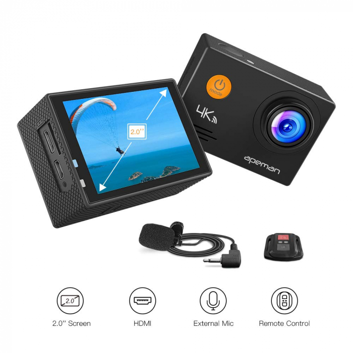 Camera video sport Apeman A79, 4K, Wi-Fi, HDMI, Accesorii incluse, waterproof 40m, 2-inch, 2 Acumulatori, Telecomanda [2]