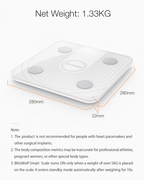 Cantar corporal Smart BlitzWolf Body Fat, 13 valori masurate, BMI, Alb [2]