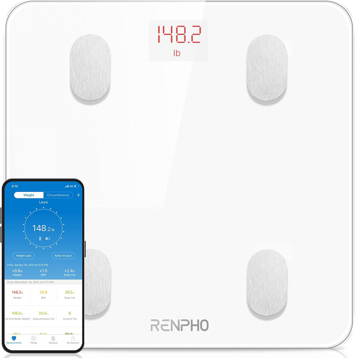 Cantar de baie Smart Renpho 26M, Maxim 180Kg, 13 masuratori, BMI, BMR IMC, Bluetooth, compatibil Fitbit, Apple Health, Google Fit - Alb [1]