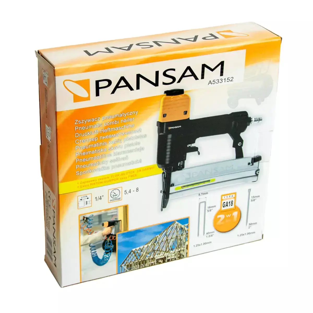 Capsator pneumatic 2 în 1 (capse si cuie) 16-40 mm, capse Tip 90, cuie Tip GA18, PANSAM A533152 [14]