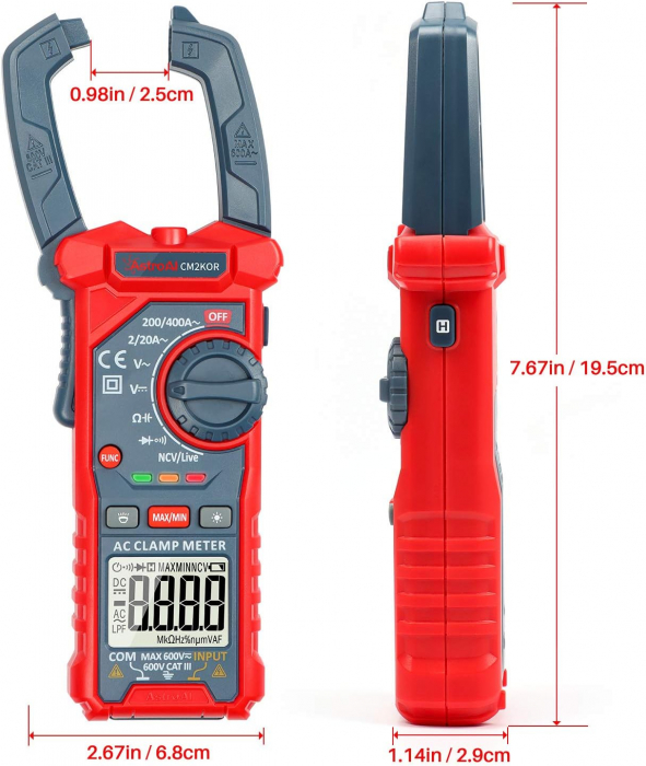 Clampmetru (cleste ampermetric) Multimetru digital AstroAI CM2K0R 2000 Counts, Auto-ranging, Tensiune AC DC, Curent AC, rezistenta, capacitatea, frecventa [2]
