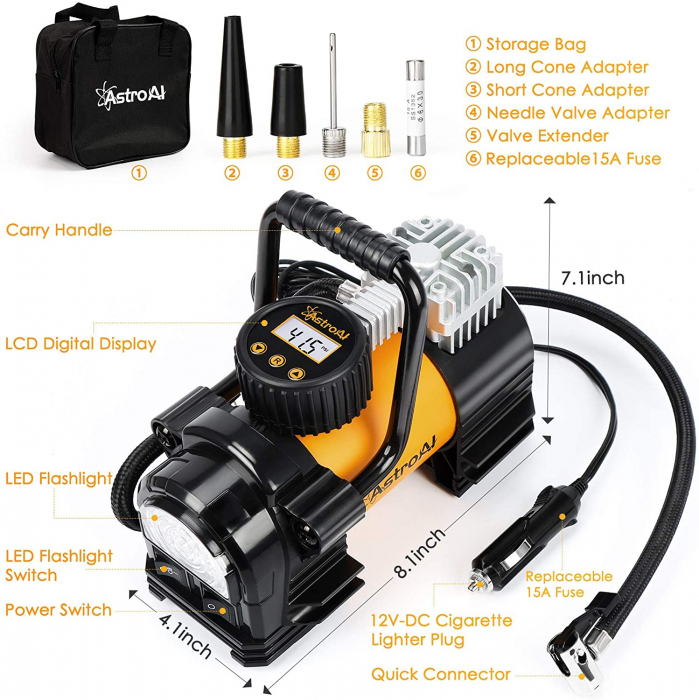 Compresor Auto Metalic AstroAI AC300Y 12V, 150PSI, Digital, Lumina de urgenta, Adaptoare incluse, geantra transport, Galben [5]
