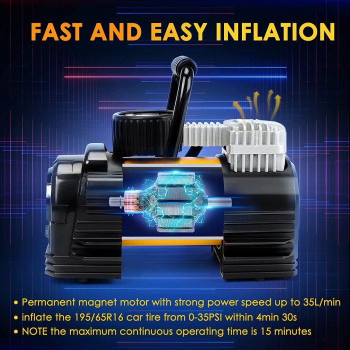 Compresor Auto Metalic AstroAI AC300Y 12V, 150PSI, Digital, Lumina de urgenta, Adaptoare incluse, geantra transport, Galben [4]