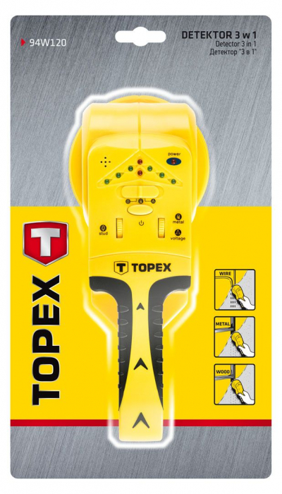 Detector 3 in 1 pentru stifturi/fire sub tensiune/metal, baterie 6F22, 9V TOPEX 94W120 [2]