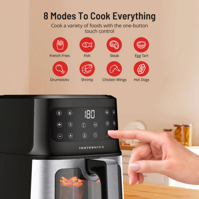 Friteuza cu aer cald, fara ulei TaoTronics TT-AF011 Air Fryer, 1200W, 5L, Geam transparent, Control tactil, 8 Programe Presetate [2]