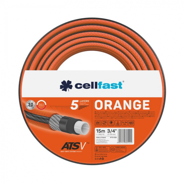 Furtun pentru gradina Cellfast ORANGE cu 5 straturi, 3 4  , Armat, 15m, protectie UV, antirasucire [1]