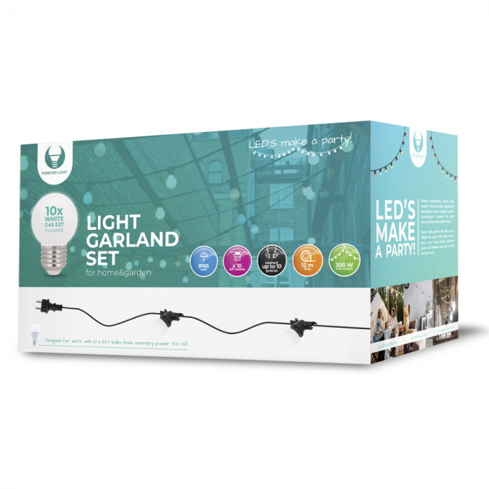 Ghirlanda luminoasa decorativa exterior Forever Light 12m cu 10 becuri LED E27, G45 Alb IP65 [1]