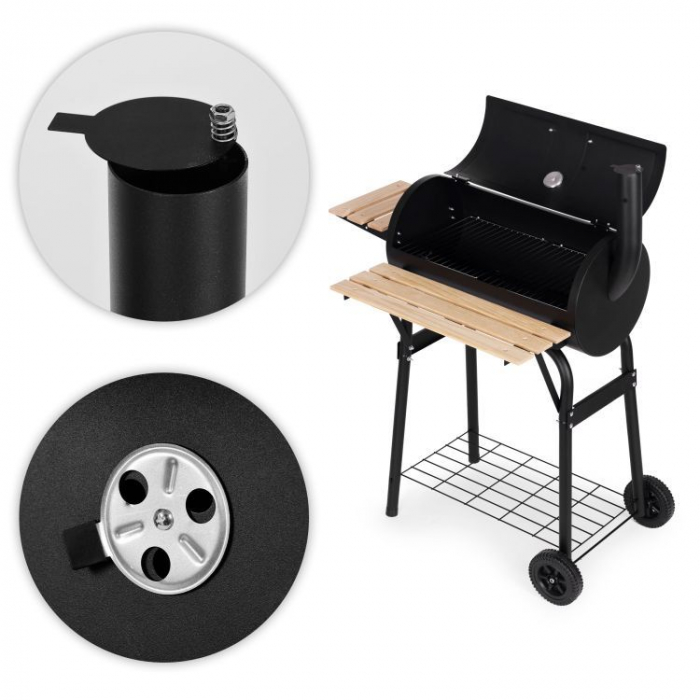 Gratar de gradina 91x60x114 cm, cu cos de fum, termometru si 3 rafturi, metal cromat, negru [6]