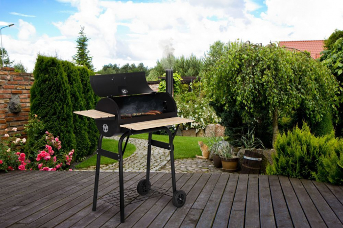Gratar de gradina 91x60x114 cm, cu cos de fum, termometru si 3 rafturi, metal cromat, negru [8]