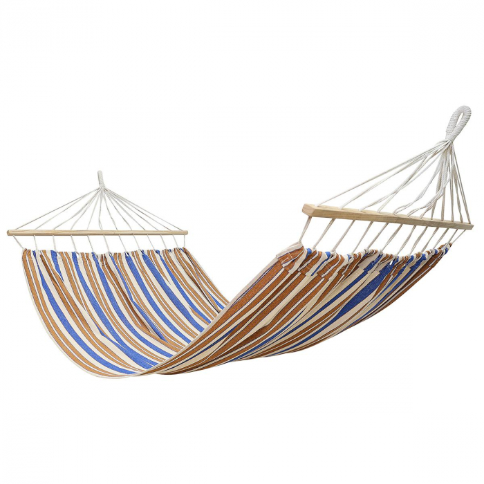 Hamac dublu cu bare din lemn, pentru 2 persoane, bumbac, 150kg, 200x150 cm, albastru si maro [3]