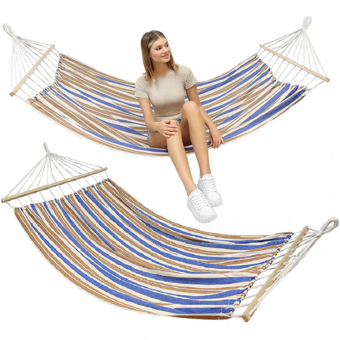 Hamac dublu cu bare din lemn, pentru 2 persoane, bumbac, 150kg, 200x150 cm, albastru si maro [10]