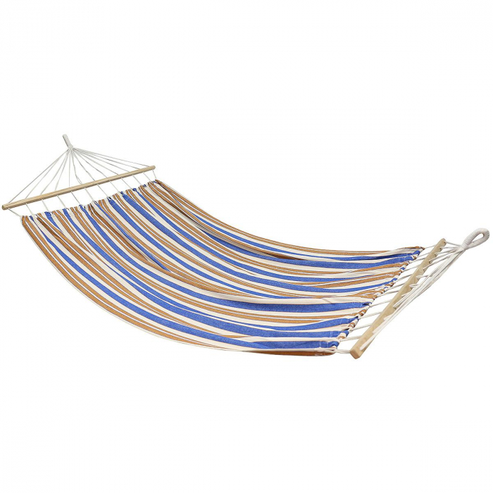 Hamac dublu cu bare din lemn, pentru 2 persoane, bumbac, 150kg, 200x150 cm, albastru si maro [1]