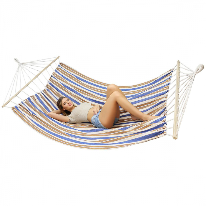 Hamac dublu cu bare din lemn, pentru 2 persoane, bumbac, 150kg, 200x150 cm, albastru si maro [6]