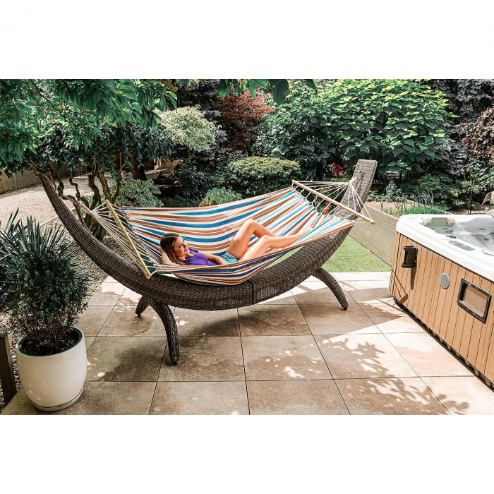 Hamac dublu cu bare din lemn, pentru 2 persoane, bumbac, 150kg, 200x150 cm, albastru si maro [9]