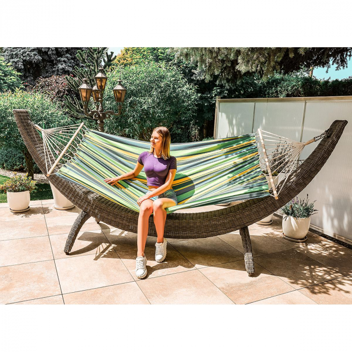 Hamac dublu cu bare din lemn, pentru 2 persoane, bumbac, 150kg, 200x150 cm, verde si galben [2]