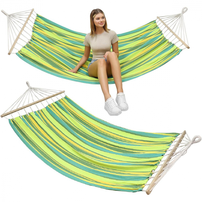 Hamac dublu cu bare din lemn, pentru 2 persoane, bumbac, 150kg, 200x150 cm, verde si galben [17]