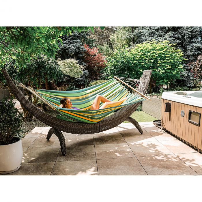 Hamac dublu cu bare din lemn, pentru 2 persoane, bumbac, 150kg, 200x150 cm, verde si galben [10]
