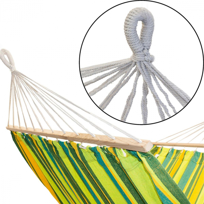 Hamac dublu cu bare din lemn, pentru 2 persoane, bumbac, 150kg, 200x150 cm, verde si galben [12]
