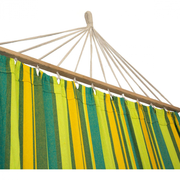 Hamac dublu cu bare din lemn, pentru 2 persoane, bumbac, 150kg, 200x150 cm, verde si galben [15]