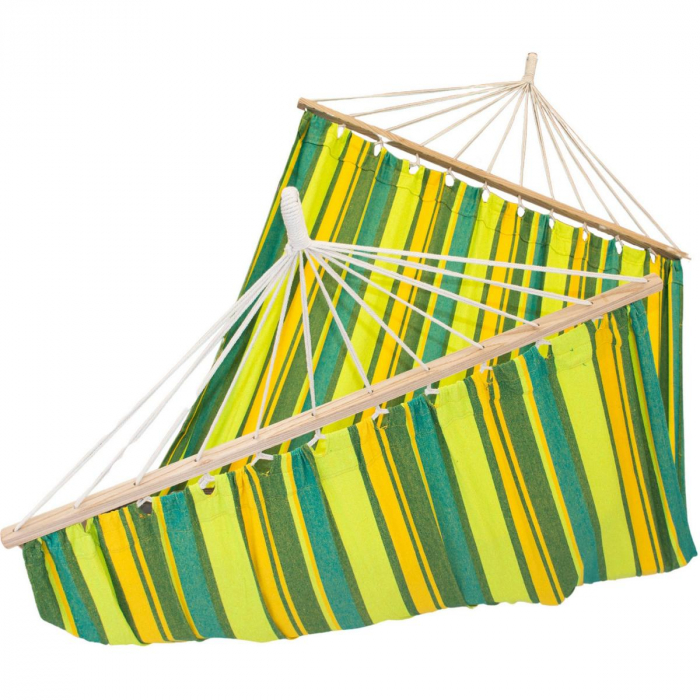 Hamac dublu cu bare din lemn, pentru 2 persoane, bumbac, 150kg, 200x150 cm, verde si galben [11]