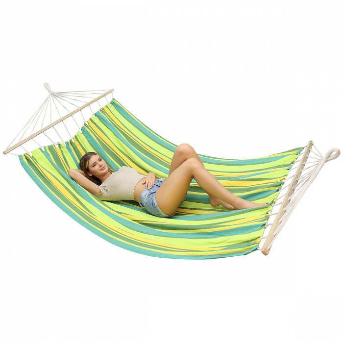 Hamac dublu cu bare din lemn, pentru 2 persoane, bumbac, 150kg, 200x150 cm, verde si galben [6]