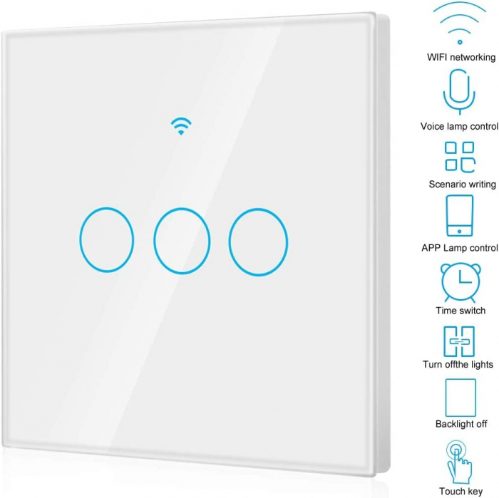 Intrerupator Smart cu Touch Rovo FN3C, 3 canale, Sticla Securizata, Tuya, Life Smart, RF 433MHz, Alexa si Google Assistant, fara nul [4]