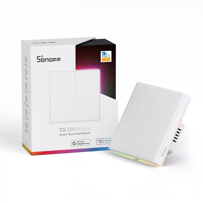 Intrerupator Smart Sonoff T5-2C-86 WiF cu Full Touch (2 canale), Lumina LED 10A 2400W [1]
