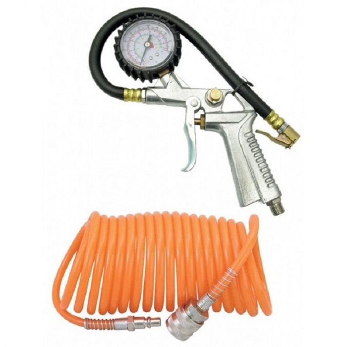 Kit 5 accesorii pentru compresor, pistol de suflat cu manometru 1/4, furtun spiralat 5 m, ace pentru umflat, HECHT002024 [3]