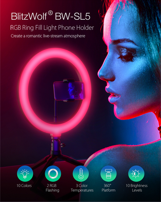 Lampa Circulara LED BlitzWolf BW-SL5 RGB Make up Profesionala, Ring Light 120 Leduri 10 culori de lumina, cu Trepied 17cm [2]