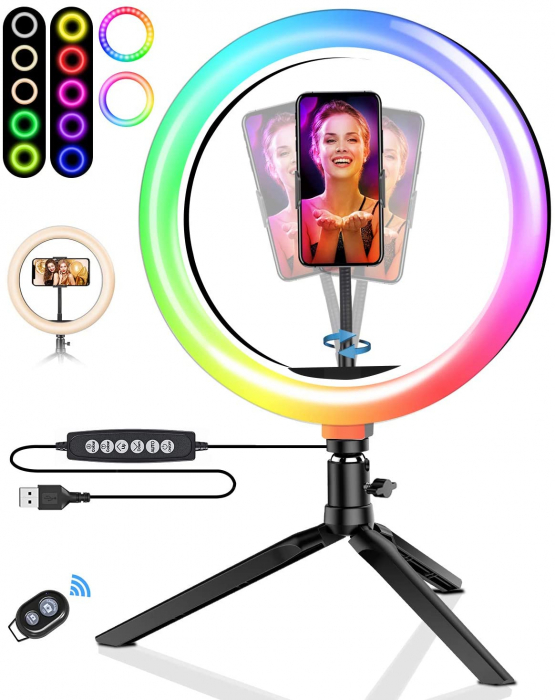Lampa Circulara LED BlitzWolf BW-SL5 RGB Make up Profesionala, Ring Light 120 Leduri 10 culori de lumina, cu Trepied 17cm [5]
