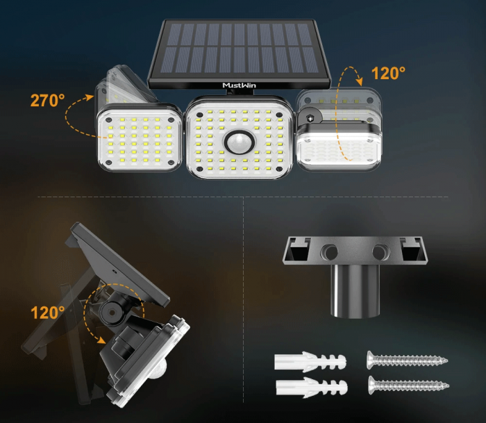 Lampa solara de perete MustWin, 1000lm, LED, 112 leduri,3 moduri, incarcare solara si senzor de miscare, [5]