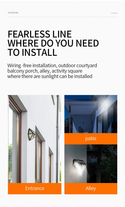 Lampa solara de perete Superfire FF6-B, 33W LED, 166leduri, 3 moduri, 1200mAh, incarcare solara si senzor de miscare [2]