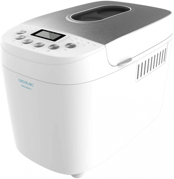 Masina de facut paine CECOTEC BreadCo 1500 PerfectCook, 850 W, 1,5 KG, 15 programe , 15 ore programabile, 2 rezistente, mentinere la cald 60 de minute , avertizare sonora , afisaj LCD, alb argintiu [1]