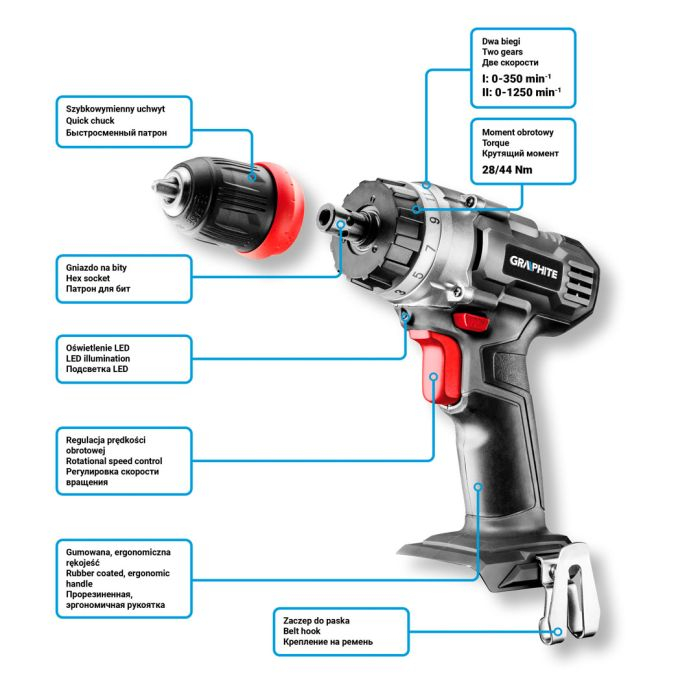 Mașină de găurit/înșurubat Energy+ 18V, Li-Ion, mandrină rapidă fără cheie,10 mm (fara acumulator inclus) GRAPHITE [2]
