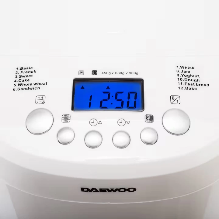 Masina de paine Daewoo DBM600W, 600 W, 450/750/900 g, 2 nivele de rumenire, 12 programe, Timer 13 ore, afisaj LCD iluminat,, Alb [4]