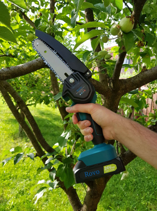 Mini ferastrau cu lant Electric Rovo RV-MF, 6 inch, 24V, 2000mAh, 2 acumulatori, 2 lanturi, Chainsaw [4]