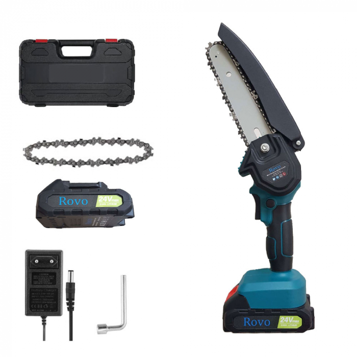 Mini ferastrau cu lant Electric Rovo RV-MF, 6 inch, 24V, 2000mAh, 2 acumulatori, 2 lanturi, Chainsaw [5]