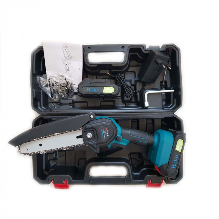 Mini ferastrau cu lant Electric Rovo RV-MF, 6 inch, 24V, 2000mAh, 2 acumulatori, 2 lanturi, Chainsaw [2]