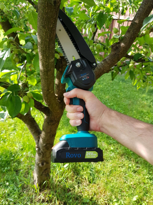 Mini ferastrau cu lant Electric Rovo RV-MF, 6 inch, 24V, 2000mAh, 2 acumulatori, 2 lanturi, Chainsaw [3]