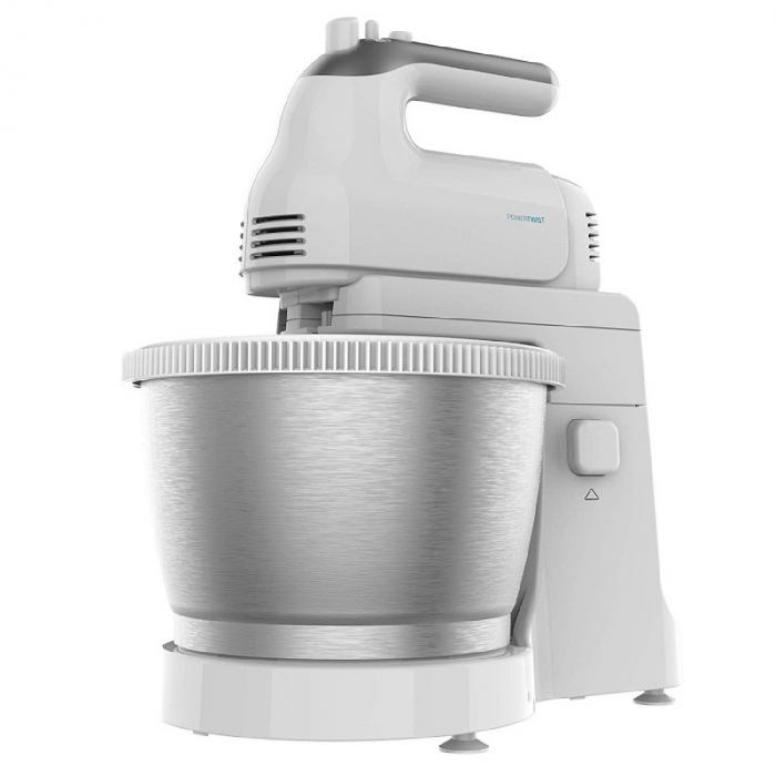 Mixer cu bol Cecotec PowerTwist 500 Steel 500 W, Bol 3.5 L, 5 viteze + Functie Turbo, Buton QuickOut, Sistem de fixare cu ventuze, Design Ergonomic, Alb Inox [1]