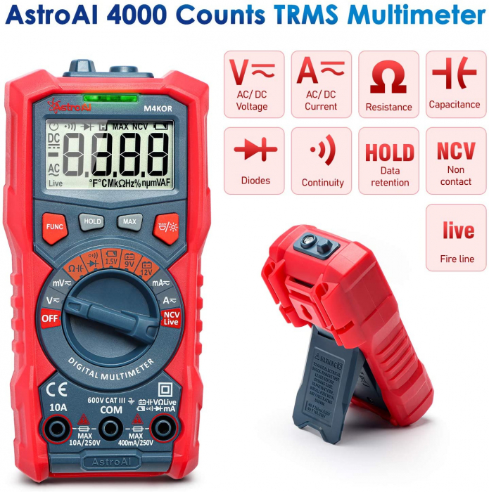 Multimetru digital AstroAI M4KOR, TRMS 4000, Ohmmetru, Voltmetru 1,5V   9V   12V, Masurare fara contact, Lanterna [5]
