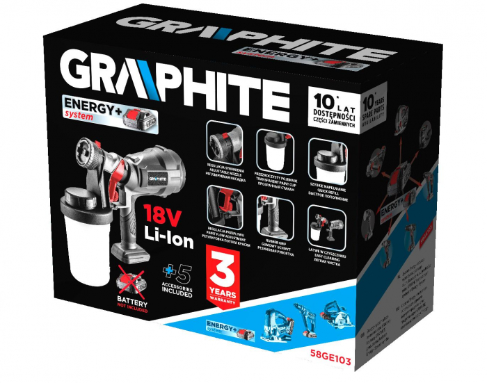 Pistol de stropit HVLP Energy+ 18V, Li-Ion (fara acumulator inclus)  900 ml, 58GE103 GRAPHITE [11]
