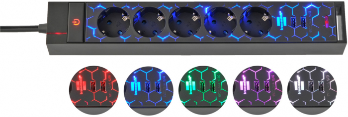 Prelungitor Brennenstuhl Gaming GSL 05 USB, 5 prize, 2 USB, 2.4A, Iluminare LED, 1,5m Buton On Off, Incarcare rapida [1]